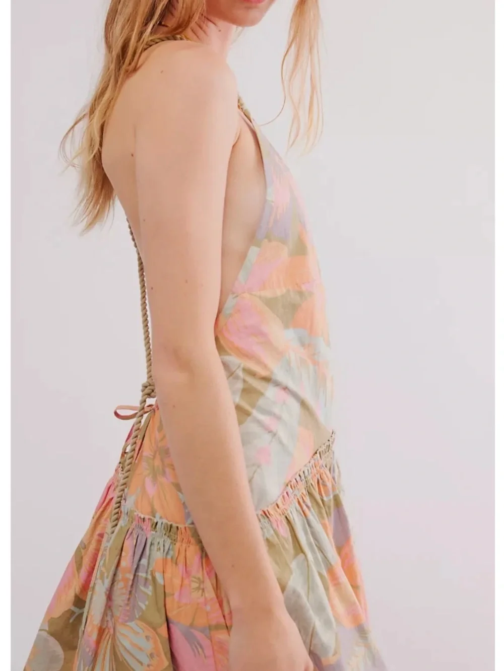 Free People Rainforest Combo DesPastel Floral Halter Mini Dress Size Large